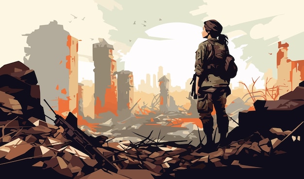 Vector woman soldier in ruined city isolated vector style with transparent background illustration