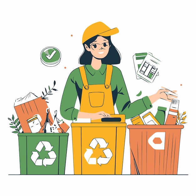 Woman sorting garbage Recycling concept Flat vector illustration