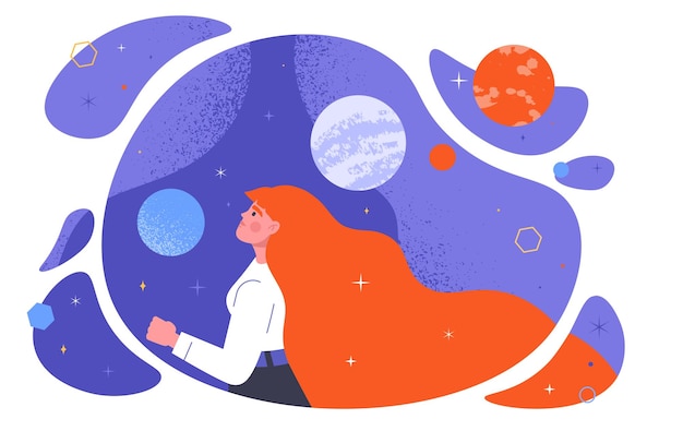 Vector woman in space concept imagination and fantasy dreams young girl with night and starry sky galaxy and universe astrology and astronomy space exploration cartoon flat vector illustration