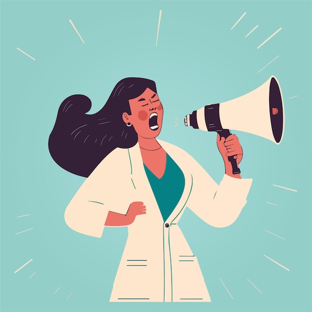 Woman speaking into megaphone minimalistic vector illustration