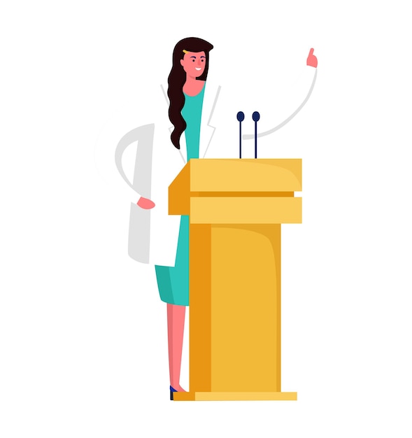 Woman speech research fellow female doctor stand behind podium with scientific report cartoon vector