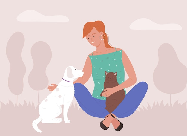 Woman spending time with pets illustration