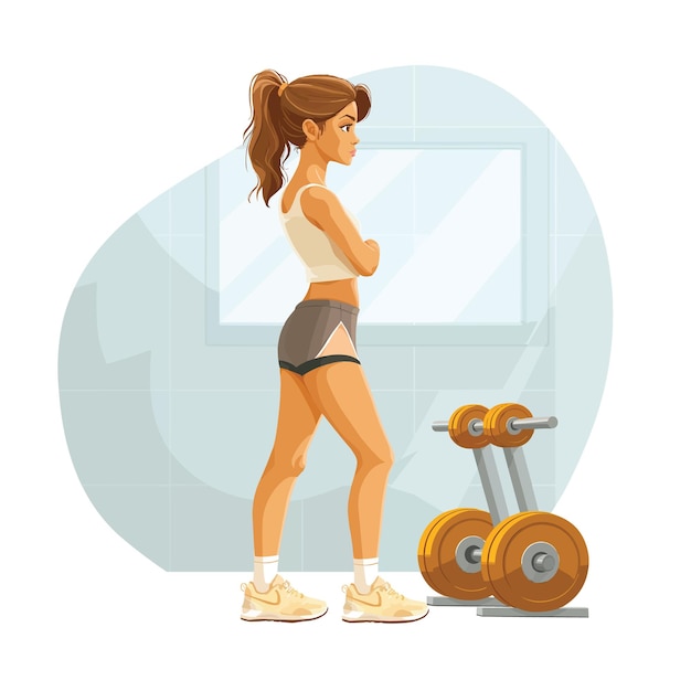 A woman in sports clothes in the gym a flat illustration isolated on a white background concept