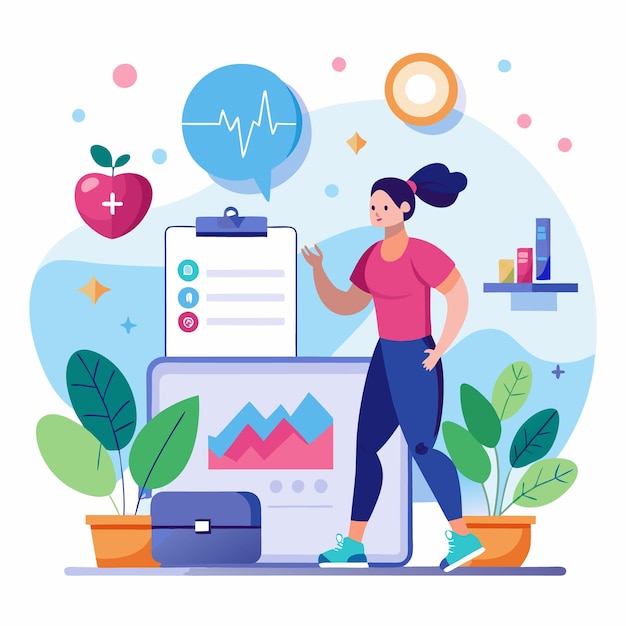 Vector woman standing next to computer screen with data chart heart apple and heartbeat icon