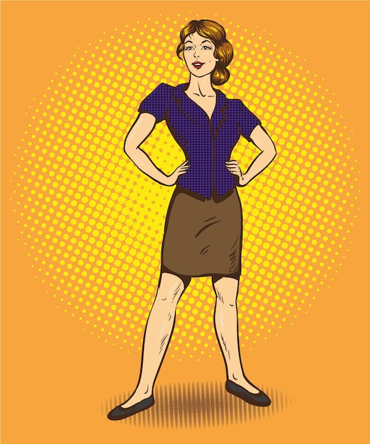 Vector woman standing in confident position retro comic pop art vector illustration speech bubble