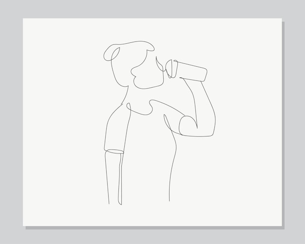 Woman standing and drinking water continuous one line illustration