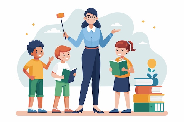 A woman standing in front of a group of children leading a learning session with a stick in hand Teacher standing learning and holding a stick Simple and minimalist flat Vector Illustration