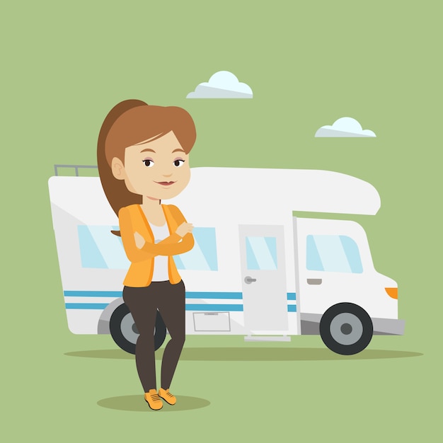 Woman standing in front of motor home.