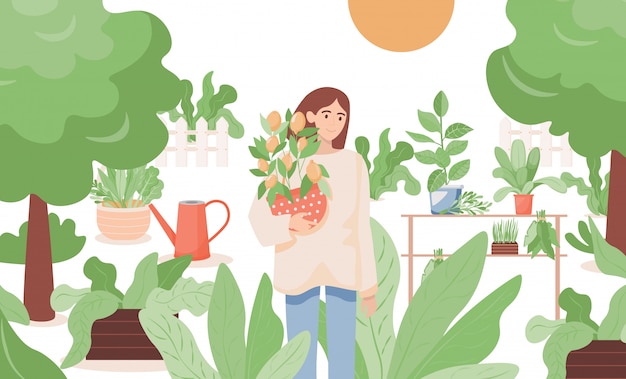 Woman standing in garden and holding a pot with lemon tree   illustration. Farmgirl gardening.