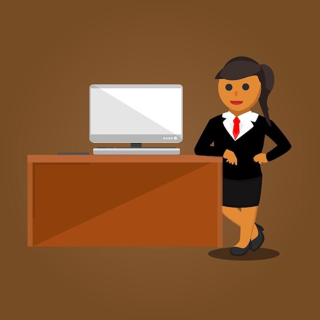 a woman standing in her office next to her desk, woman boss move in flat style vector illustration.