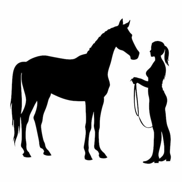 Vector a woman standing next to a horse the woman is holding the horses reins and appears to be leading