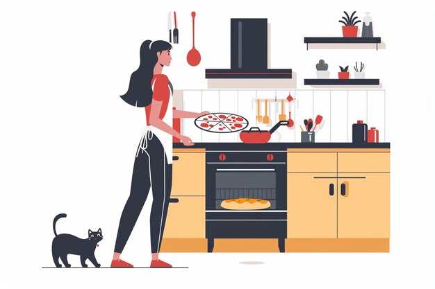 Vector woman standing kitchen holding