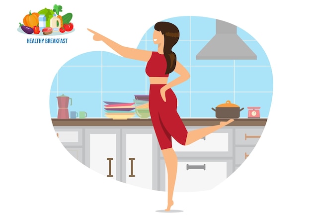 A woman standing in the kitchen pointing to a tray of vegetarian food serving fresh fruit and vegetables healthy lifestyle vegetarian nutrition