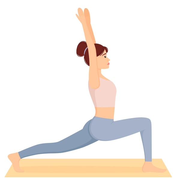 Woman standing in lunge pose Girl doing pilates fitness and yoga exercises on mat Healthy lifestyle Workout vector illustration