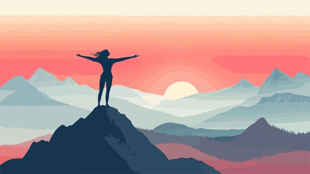 Vector woman standing on mountain top vector illustration