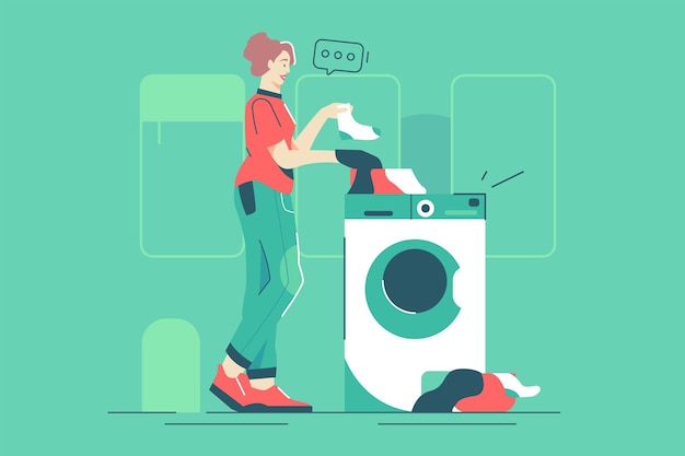 Woman standing near washing machine vector illustration. Female put dirty socks in washing machine flat style. Laundry, cleaning day, household concept. Isolated on green background