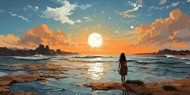 Vector woman standing on the sea looking at the summer sky vector illustration