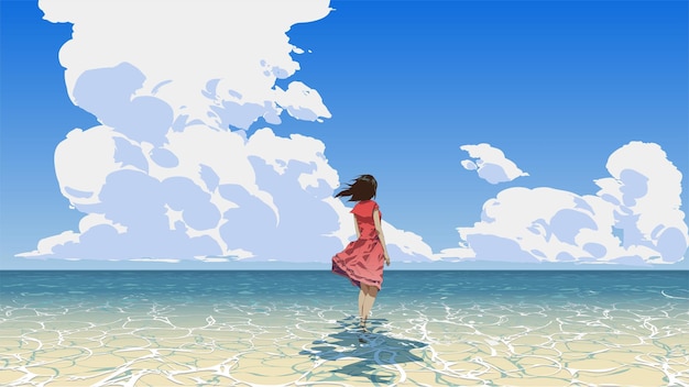 woman standing on the sea looking at the summer sky, vector illustration