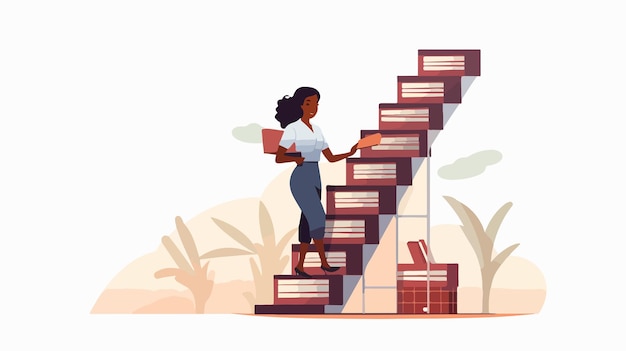 a woman standing on stairs with a book on the bottom