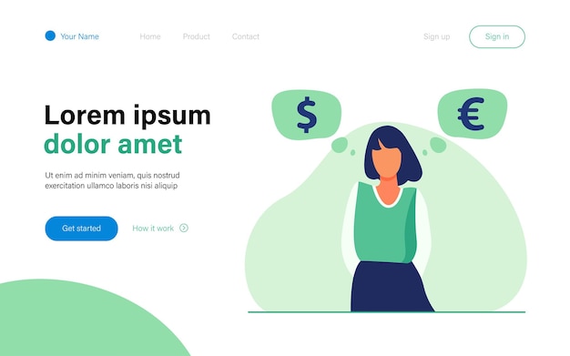 Woman standing and thinking about currency rate landing page template