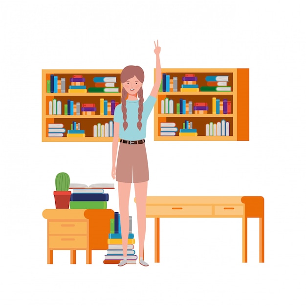 Woman standing with bookshelf of wooden and books