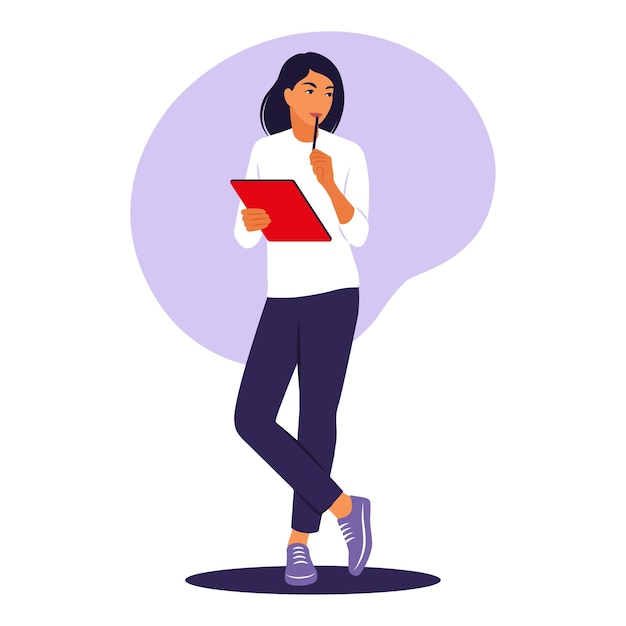 Woman standing with folder. Office worker or remote job concept. Vector illustration. Flat.