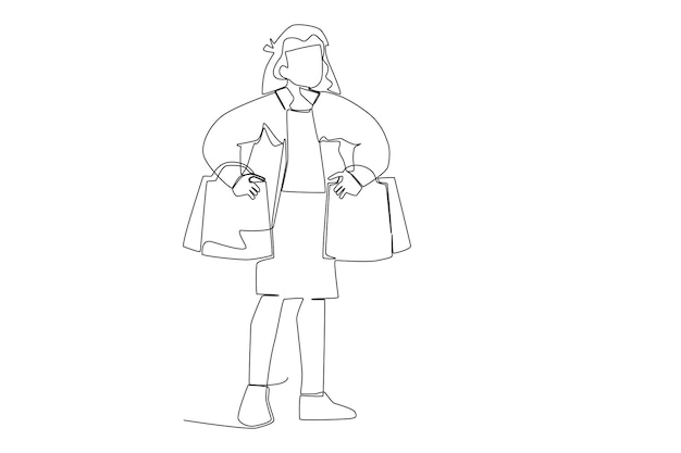 A woman standing with shopping bags line art