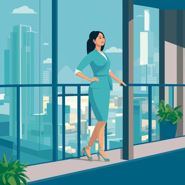 A woman stands on a balcony in front of a cityscape.