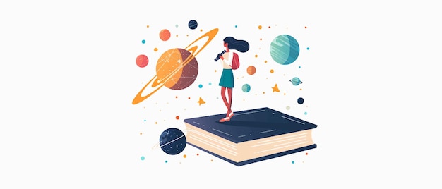 Vector a woman stands on a book with the words  planets  on it