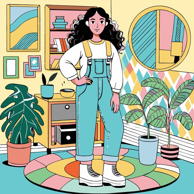 Vector a woman stands in a colorful room with a potted plant