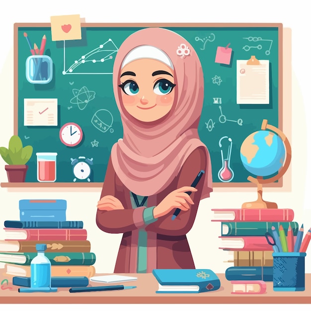 Vector a woman stands in front of a chalkboard with a picture of a woman in a hijab