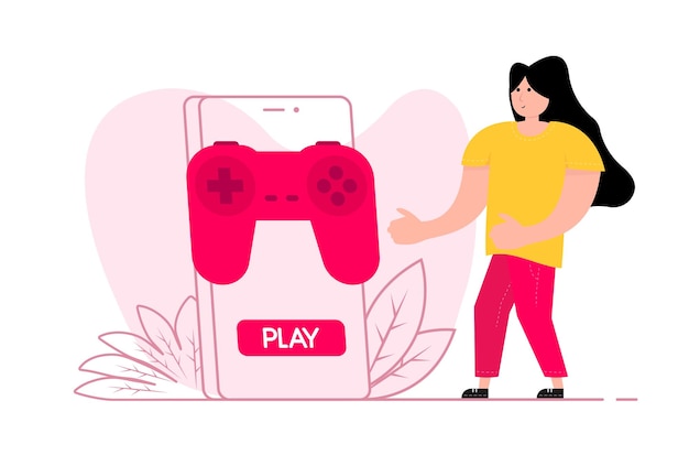 A woman stands near the smartphone on the screen Game Controller Playing Video Game