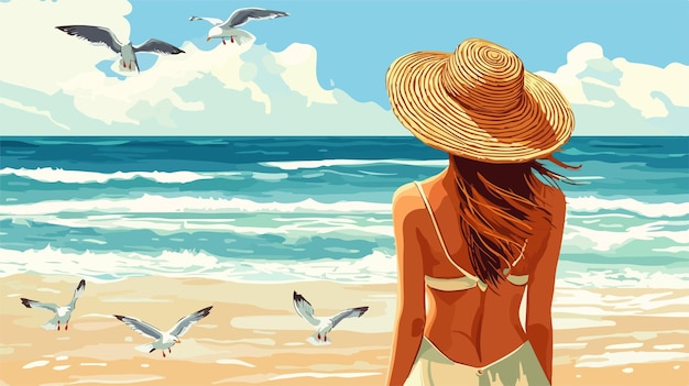 Woman in a Straw Sunhat at the Seaside Professional Image Usage