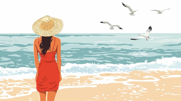 Woman in a Straw Sunhat at the Seaside Professional Image Usage