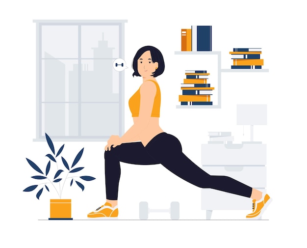 Woman stretching exercises indoor sport activities concept illustration