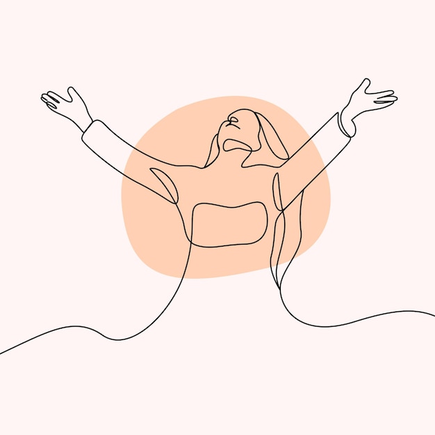 Woman stretching hands happily in continuous line art style