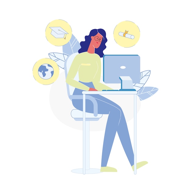 Woman Studying at Home Flat Vector Illustration