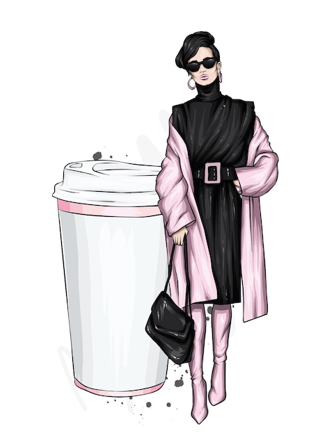 Woman in stylish coat and glass of coffee