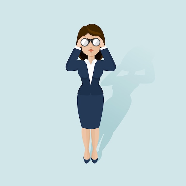 Woman in suit looks through binocularsBusinesswoman looking for new informationanalyzing marketemployeesVector flat illustration