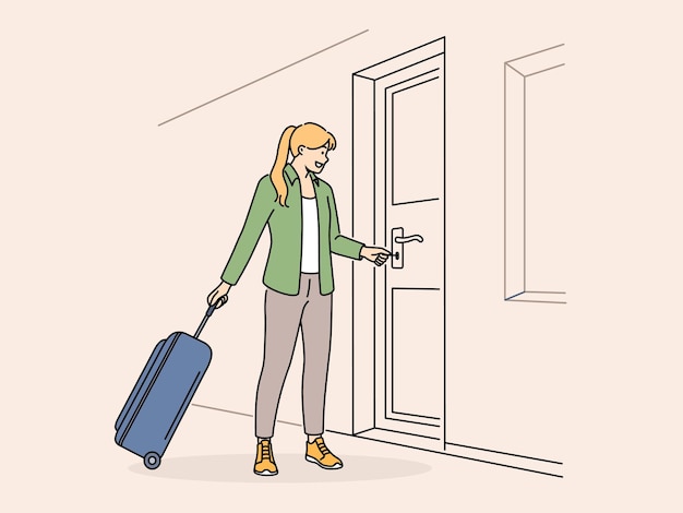 Woman suitcase open door with key