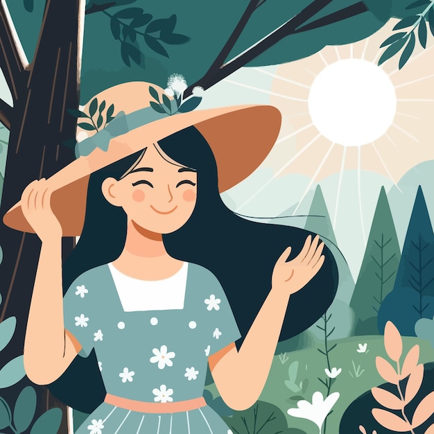 Vector a woman in a sun hat stands in a forest with mountains in the background