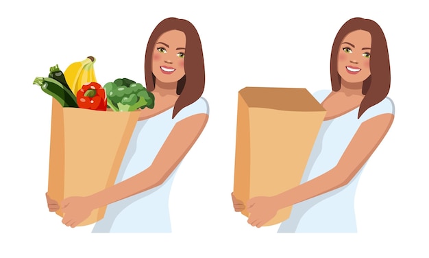 Woman in supermarket with a package. Shopping bags flat vector illustrations set. Grocery purchases,