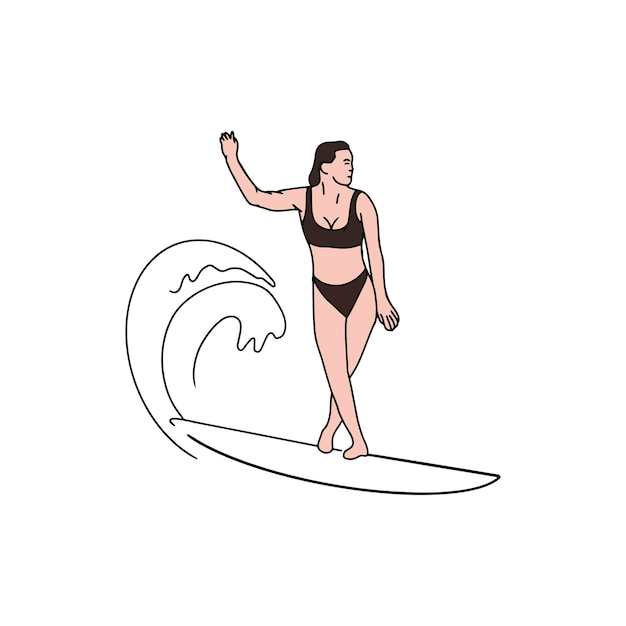 A woman on a surfboard waves in the air.