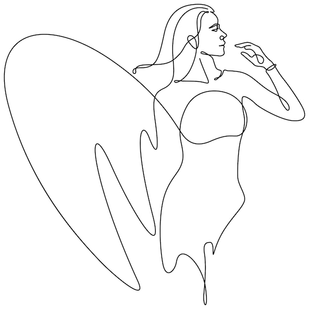 Woman surfer and surfboard pose action summer sport concept line art illustratiion