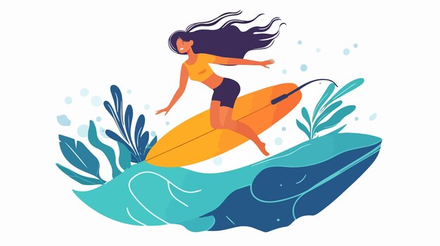 Vector woman surfing on a flat vector sea isolated with a surfboard