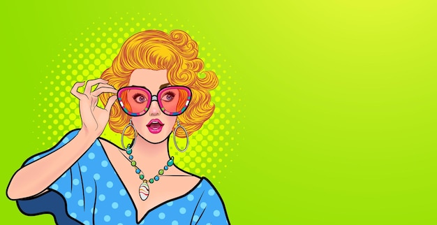 Woman surprised in glasses open mouth look wow something In Retro Vintage Pop Art Comic Style