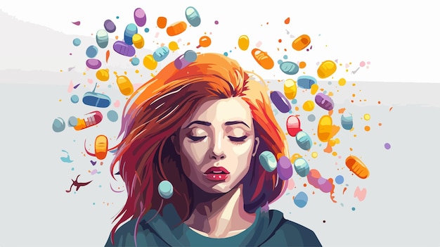 Vector woman swallowing pills female head and face with medication