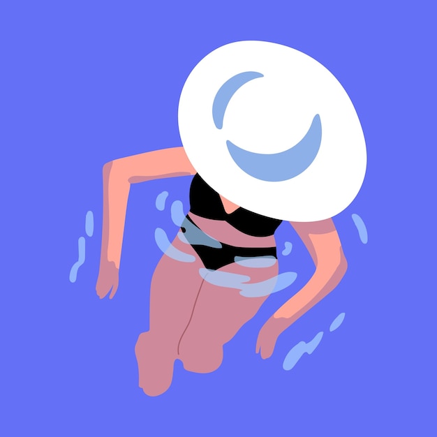 Woman swimming in water Girl in bikini and beach hat standing in pool relaxing on summer holiday Overhead female character in swimwear inside sea aqua to waist Flat vector illustration