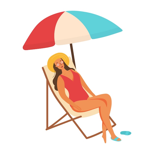 Woman in swimsuit sunbathing lying on lounger Beautiful girl relaxing under striped umbrella