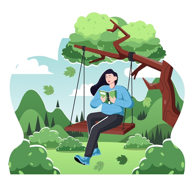 Woman Swinging and Rading a Book Flat Illustration